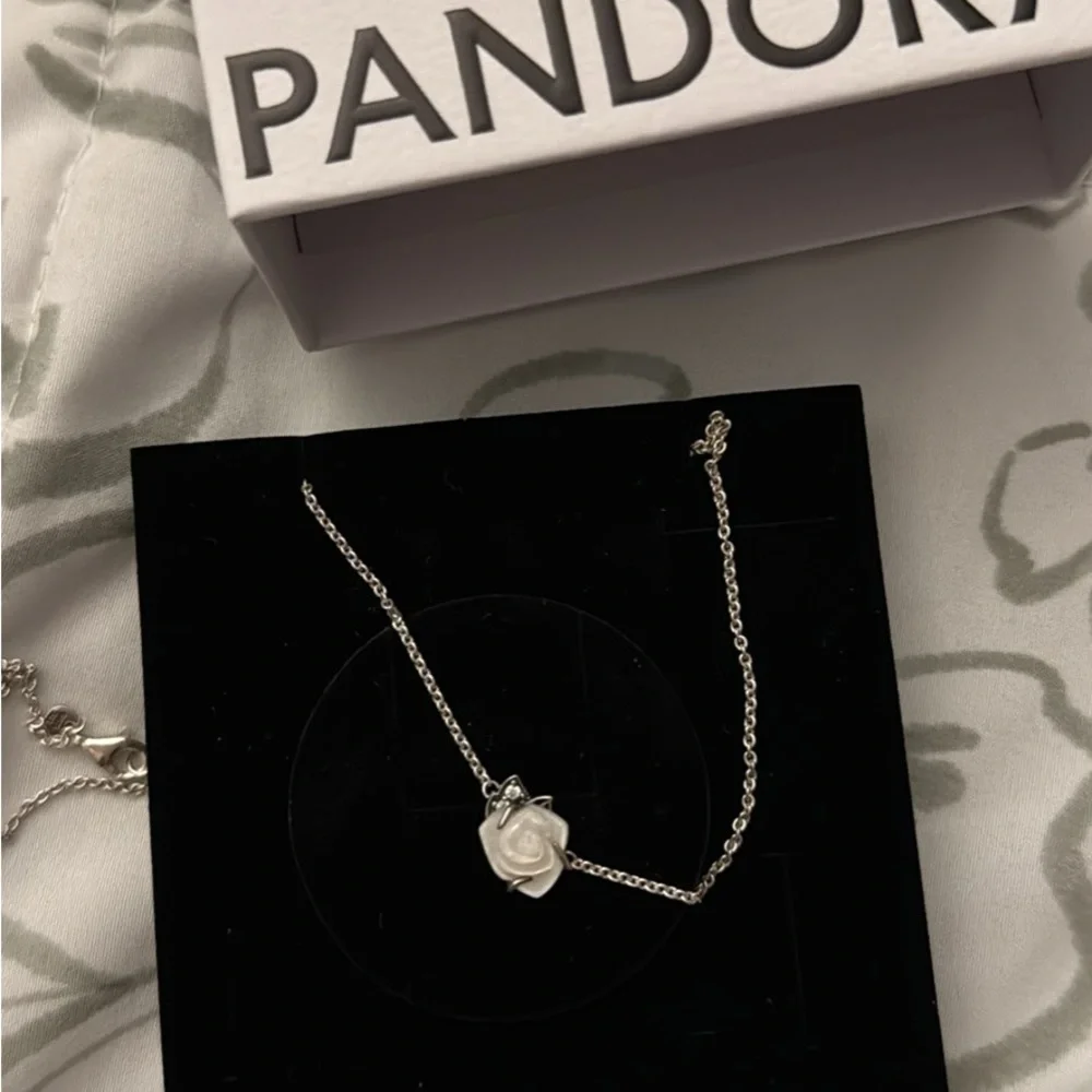 Pandora Silver Necklace with White Rose Pendant - Picture 1 of 1